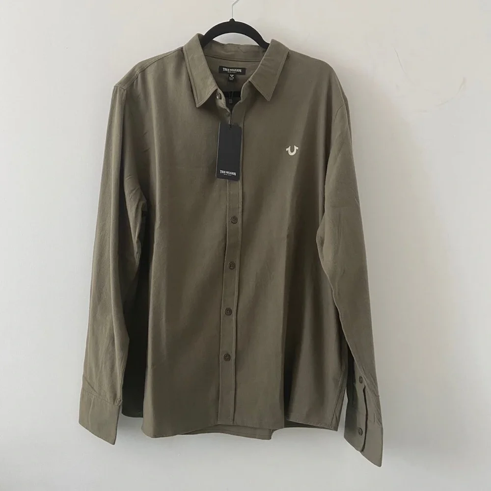 Men’s True Religion Solid Flannel Button Down Shirt Size XL
